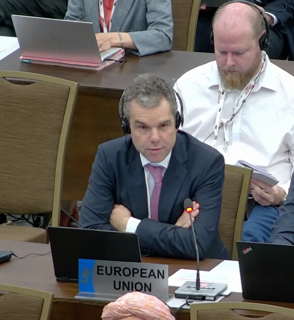 Representante de la Unión Europea participando en una sesión plenaria de CITES COP19 en Panamá