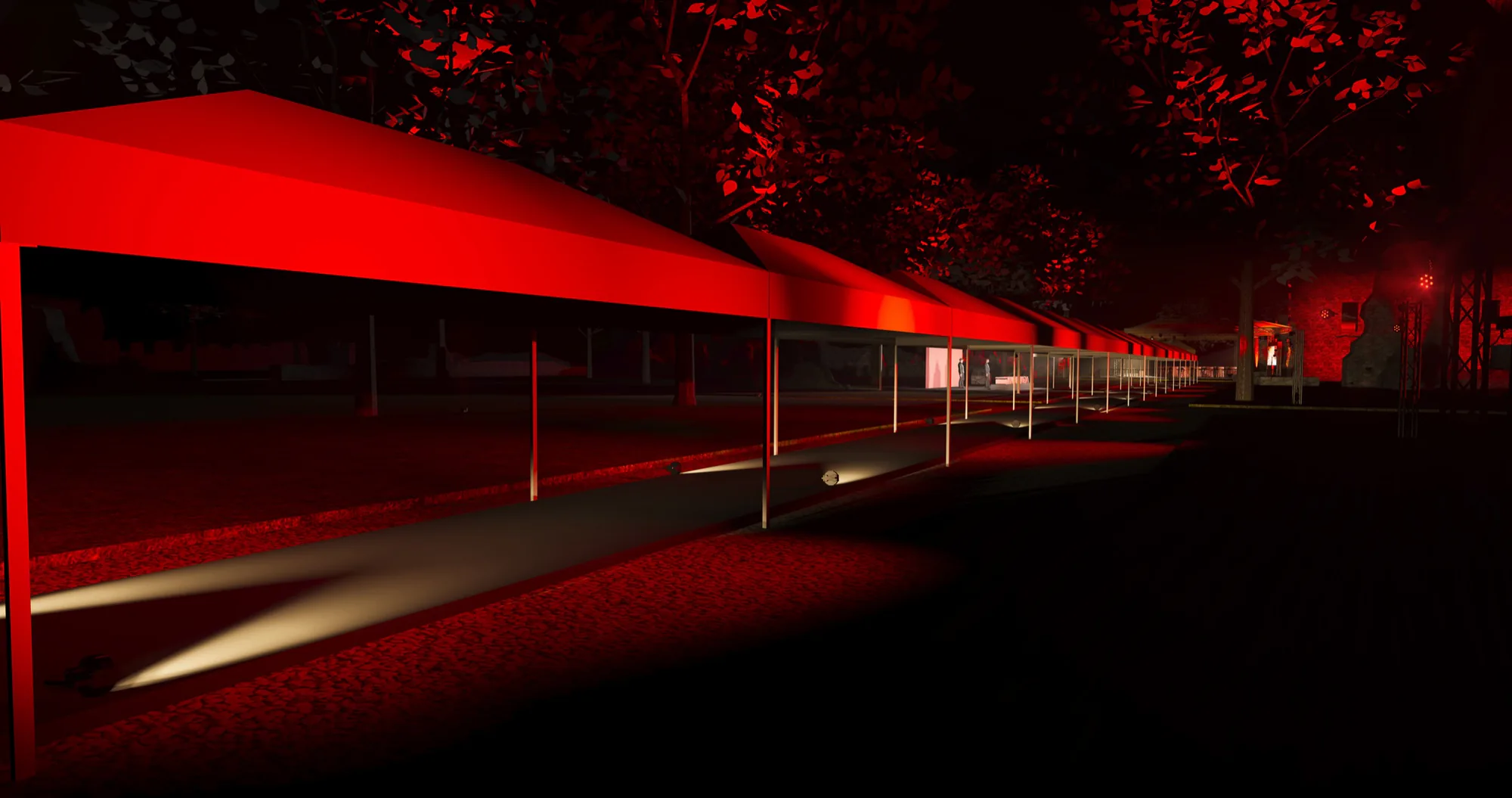 Render nocturno de una entrada iluminada en rojo para un evento