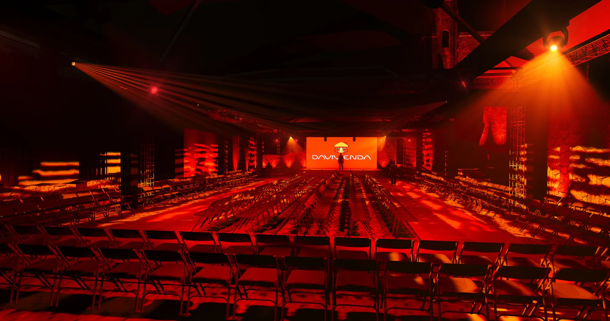 Render de iluminación para un evento de moda con escenario, pasarela y público