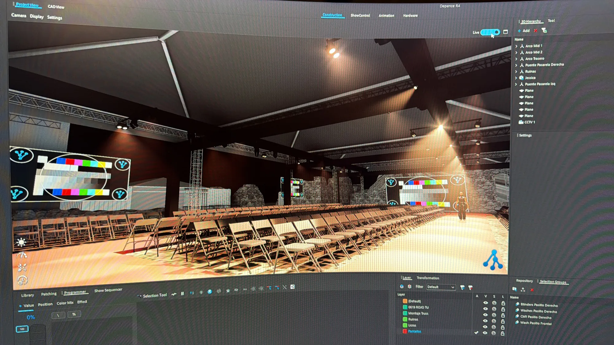Entorno 3D utilizado para diseñar y programar la iluminación de un evento